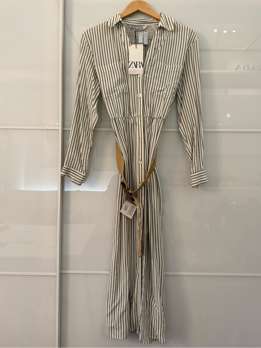 ZARA Cream and Green Vertical Stripe Long Shirt Dress